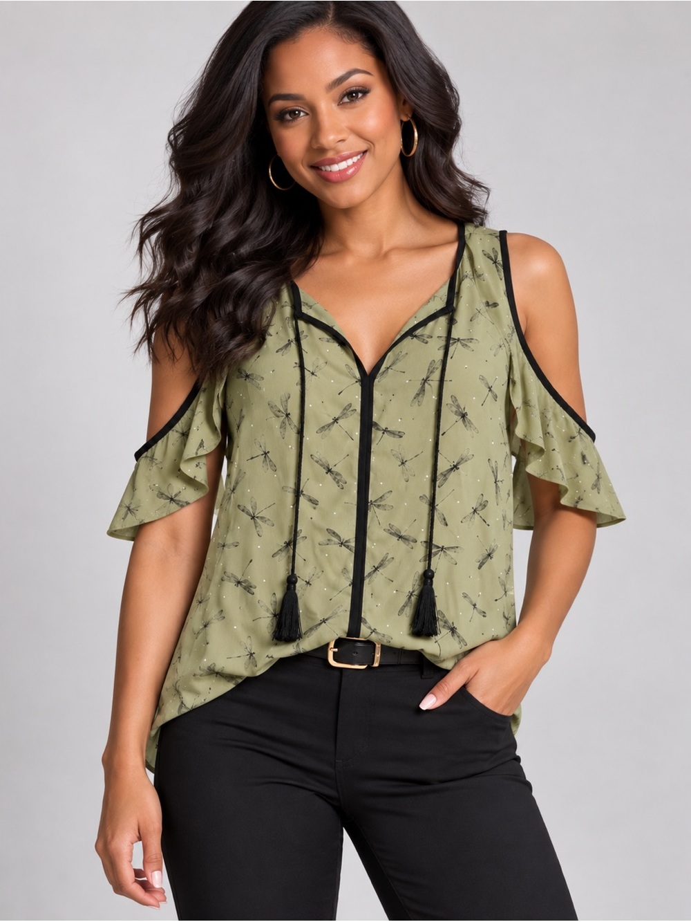 Libby Edelman Dragonfly Print Cold Shoulder Blouse S Olive Green Tassel V-Neck